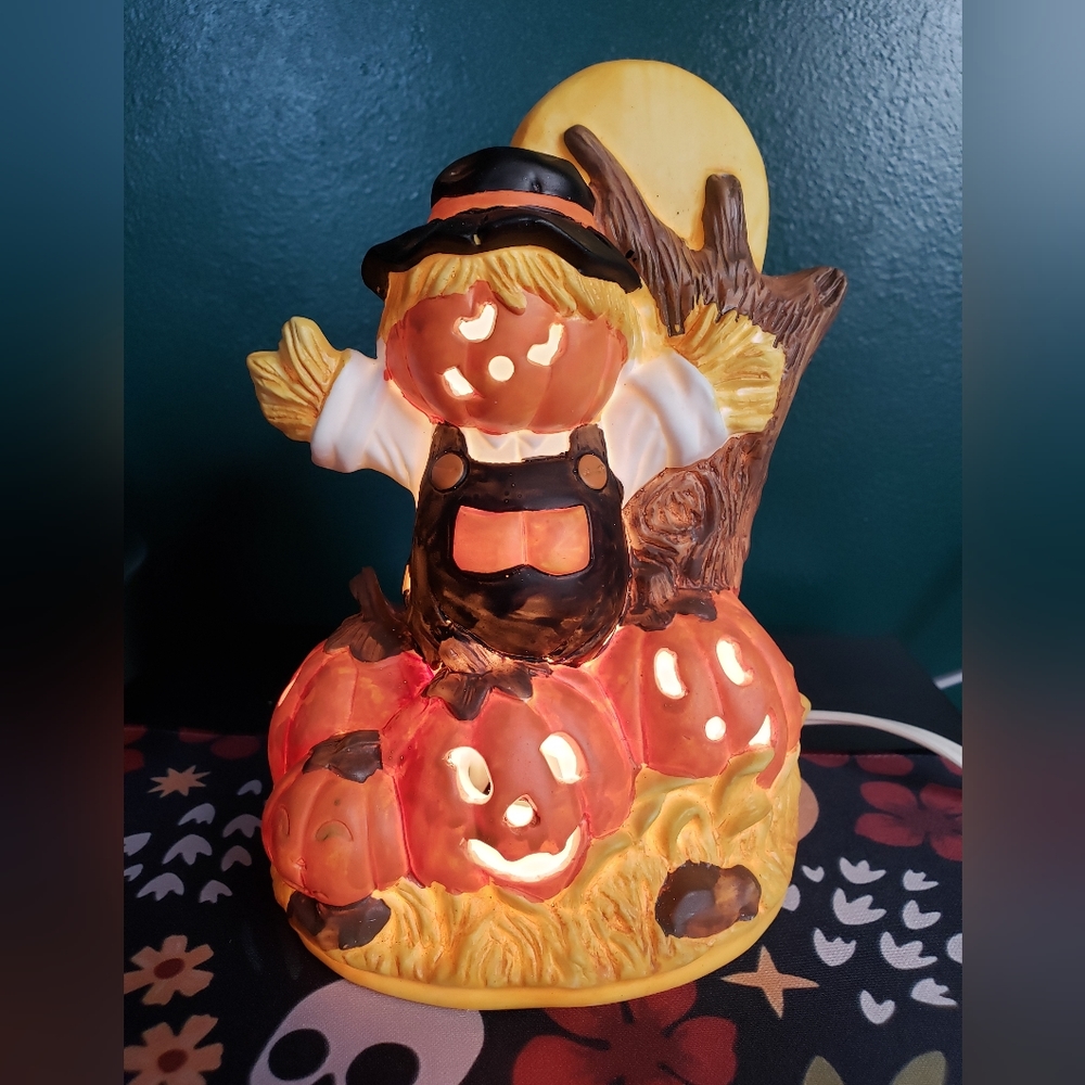 Scarecrow vintage lantern light Halloween pumpkin spooky moon